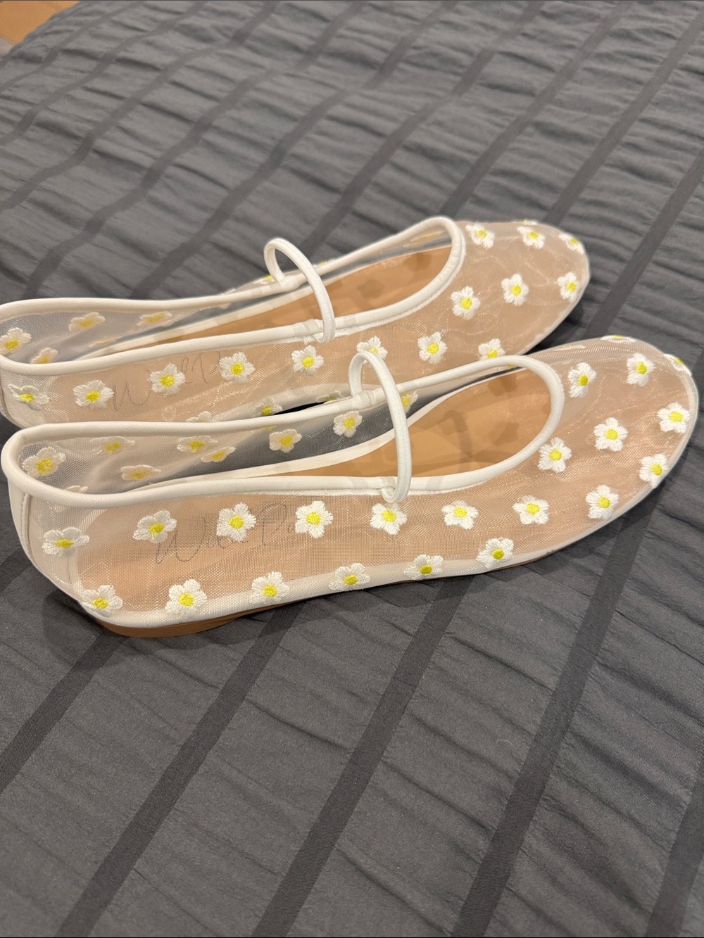 Wild Pair Floral Mesh Mary Jane Flats with White Trim and Yellow Centers
